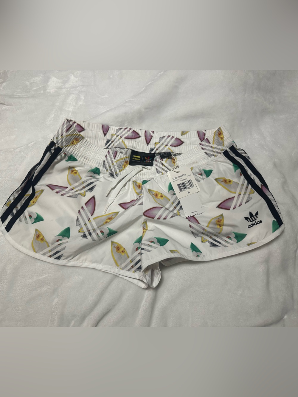 adidas White Floral Trefoil Surf Shorts with Black Stripes